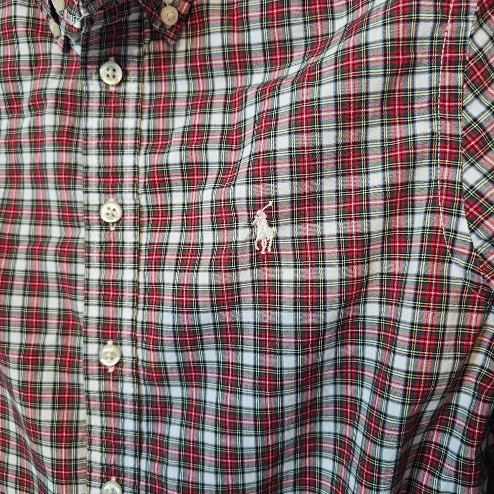 Ralph Lauren Red, White, and Green Plaid Long Sleeve Button‎ Front Polo Boys Med